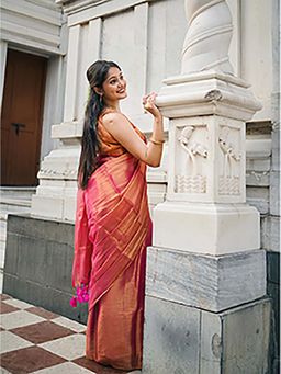 Aparna - Duel Tone Raga Tissue Pink And Golden Saree With Unstitched Blouse For Women