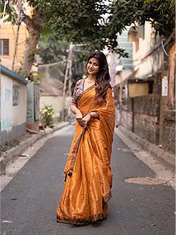 Aparna - Golden Dual Tone Raga Tissue Saree Without Blouse For Women