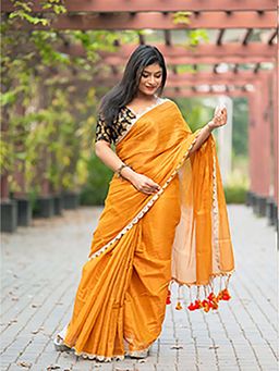 Aparna - Orange Golden Raga Tissue With Lace Border Saree Without Blouse For Women