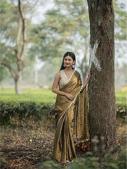 Aparna - Copper Golden Raga Tissue With Lace Border Saree Without Blouse For Women