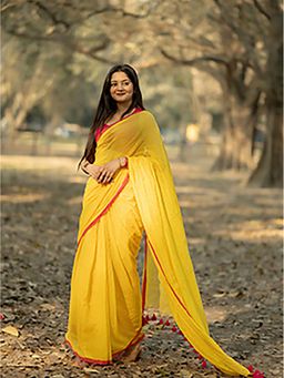 Aparna - Yellow With Pink Border Mulcotton Saree Without Blouse For Women