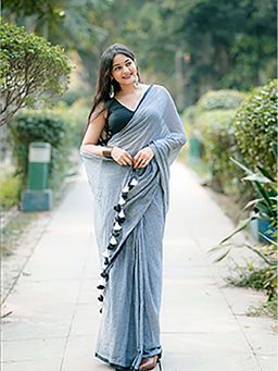 Aparna - Grey Border Mulcotton Saree Without Blouse For Women