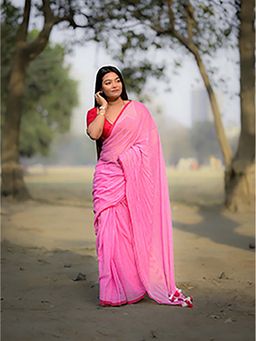 Aparna - Pink Border Mulcotton Saree Without Blouse For Women