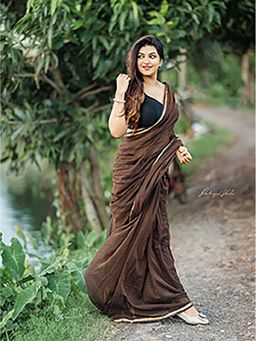 Aparna - Brown Border Mulcotton Saree Without Blouse For Women