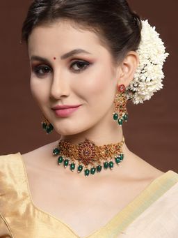 PANASH - Gold Plated Ruby Stone Studded and Pearl Beaded Handcrafted Choker Jewelry (Set of 2)