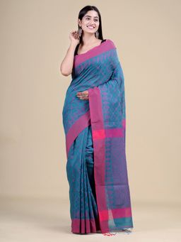 LAA CALCUTTA - Green & Pink Cotton Silk Handloom Saree with Unstitched Blouse