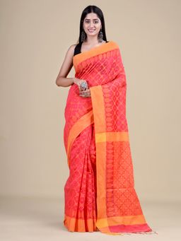 LAA CALCUTTA - Deep Pink & Yellow Cotton Silk Handloom Saree with Unstitched Blouse