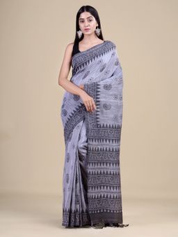 LAA CALCUTTA - Grey & Black Cotton Handloom Saree with Unstitched Blouse