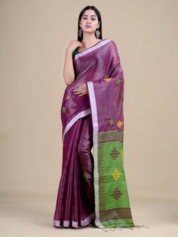 LAA CALCUTTA - Purple & Green Cotton Silk Handloom Saree with Unstitched Blouse