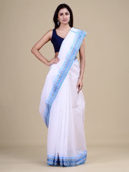 LAA CALCUTTA - White & Blue Cotton Tant Saree