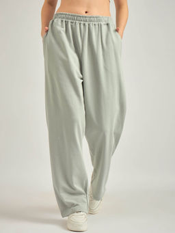 Outzidr - Grey Solid Basic Wide Leg Street Style Sweatpants