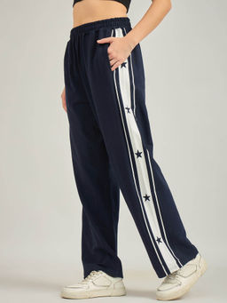 Outzidr - Navy Blue Side Tape Printed Street Style Joggers