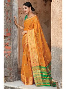 Sangam Prints - Mustard Cotton Woven Work Traditional Saree with Unstitched Blouse
