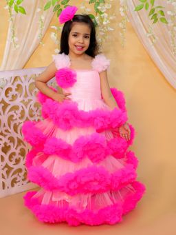 BownBee - Girls Premium Party Wear Net Layers Gown Frock with Hairclip Pink (Set of 2)