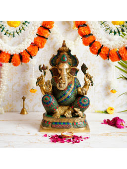 eCraftIndia - Antique Look Lord Ganesha Handcrafted Premium Brass Idol With Colorful Stone Work