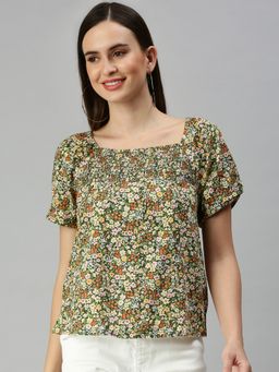 SHOWOFF - Women Square Neck Floral Green Regular Top