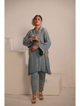 Daljit Sudan - Blue Grey Crepe Tilla Kurta (Set of 2)