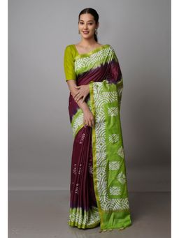 Unnati Silks - Wine & Green Pure Batik Chanderi Silk Saree with Unstitched Blouse