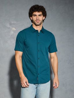 Technosport - Men Teal Solid Slim Fit Spread Half Sleeves Casual Shirt