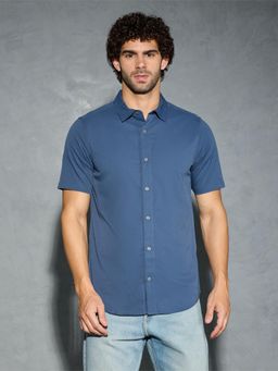 Technosport - Men Navy Blue Solid Slim Fit Spread Half Sleeves Casual Shirt