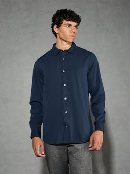 Technosport - Men Navy Blue Solid Slim Fit Spread Full Sleeves Casual Shirt