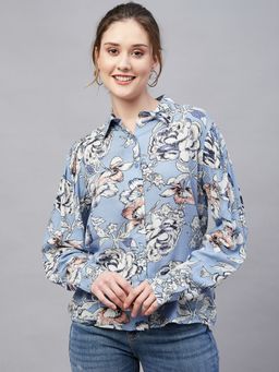 RARE - Women Casual Sky Blue Regular Fit Printed Regular Sleeves Spread Collar Shirt