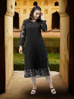 ADA - Hand Embroidered Black Organza Lucknowi Chikankari Kurta With Slip (Set Of 2) (XS) (A411236)