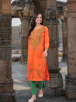 ADA - Embroidered Orange Cotton Lucknow Chikankari Kurta (XS) (A223686)