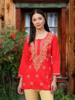 ADA - Hand Embroidered Coral Red Cotton Lucknow Chikankari Tunic