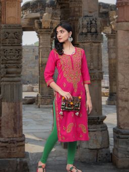 ADA - Magenta Embroidered Cotton Lucknow Chikan Kurta (XS) (A223842)