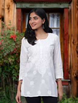 ADA - White Embroidered Cotton Lucknow Chikan Kurti (XXS) (A359765)