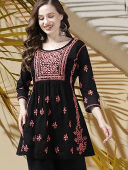 ADA - Hand Embroidered Black Peach Lucknowi Chikankari Pure Cotton Kurti