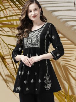 ADA - Hand Embroidered Black Grey Lucknowi Chikankari Pure Cotton Kurti