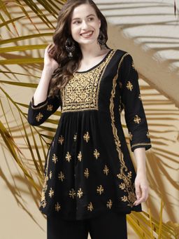 ADA - Hand Embroidered Black Yellow Lucknowi Chikankari Pure Cotton Kurti