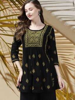 ADA - Hand Embroidered Black Green Lucknowi Chikankari Pure Cotton Kurti