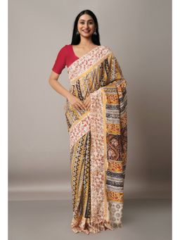 Unnati Silks - Multi Pure Kalamkari Block Printed Silk Saree with Unstitched Blouse