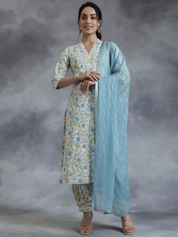 Libas - Women Blue Pure Cotton Floral Printed Kurta with Salwar and Dupatta (Set of 3)