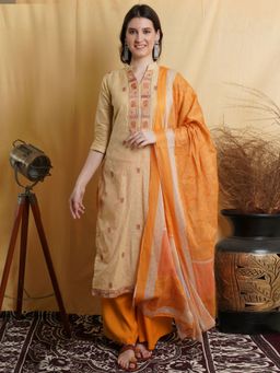 Stylee LIFESTYLE - Gold Cotton Jacquard Embroidered Dress Material (Set of 3)