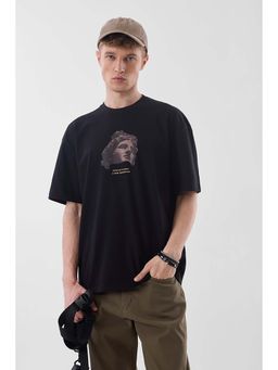 Snitch - Black Solid Half Sleeves Oversized Casual T-shirt