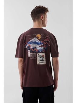 Snitch - Dark Brown Graphic Print Half Sleeves Oversized Casual T-shirt