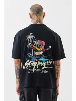 Snitch - Black Solid Half Sleeves Oversized Casual T-shirt