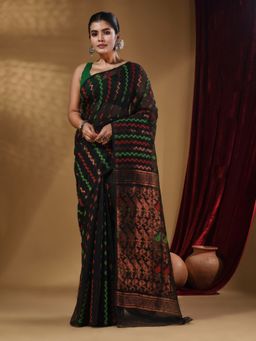 Arhi - Black Cotton Handwoven jamdhani Saree with Chevron Designs