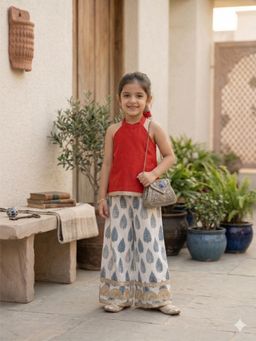 Cord Of Love - Girls Red Cotton Top with Palazzo