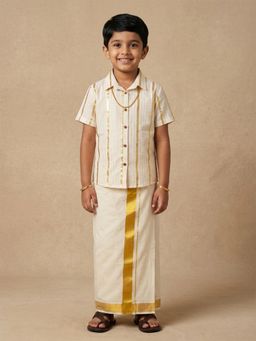The Mom Store - Boys Off White Silk Blend Shirt with Dhoti