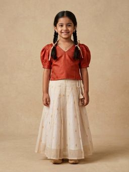 The Mom Store - Girls Off White Silk Blend Top with Skirt