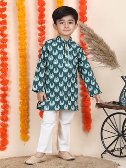 Polka Tots - Boys Teal Cotton Kurta with Pyjama