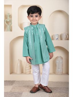 Polka Tots - Boys Aqua Cotton Kurta with Pyjama and Koti