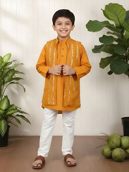 Polka Tots - Boys Rust Cotton Kurta with Pyjama and Koti