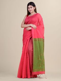 LAA CALCUTTA - Magenta & Olive Green Cotton Silk Hand Woven Saree With Unstitched Blouse