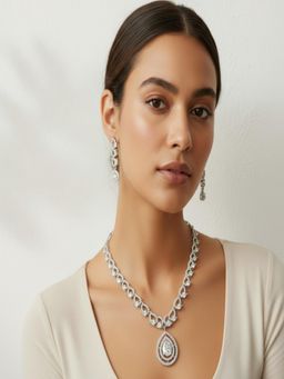 JEWELZ - White Glamorous Silver-Plated Ad Necklace and Earring Duo